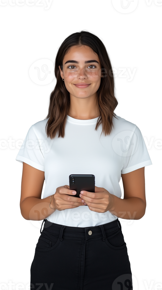 A smiling woman holding a smartphone, standing confidently, isolated on a transparent background. Ideal for technology and lifestyle themes. png