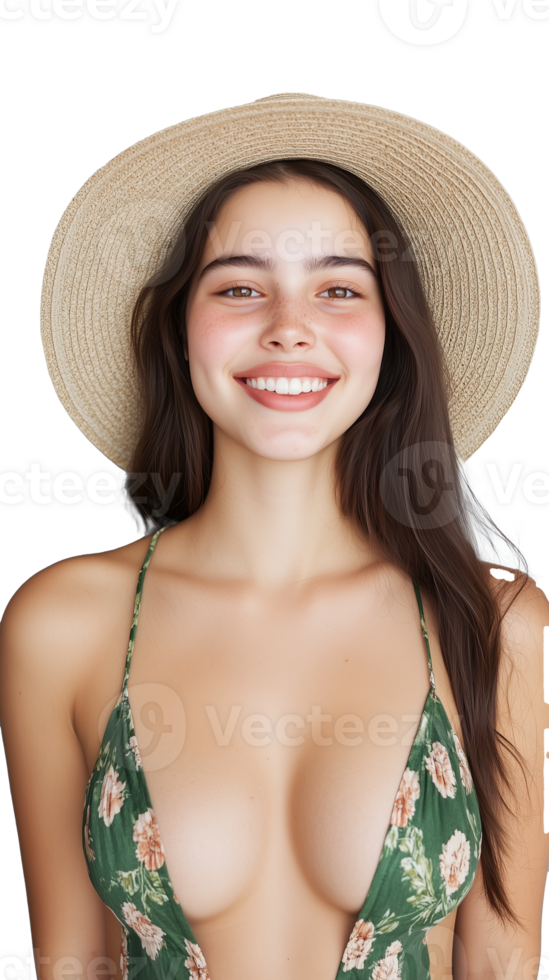 A cheerful young woman with long dark hair wearing a floral bikini top and summer hat, isolated on a transparent background. Great for summer and fashion projects. png
