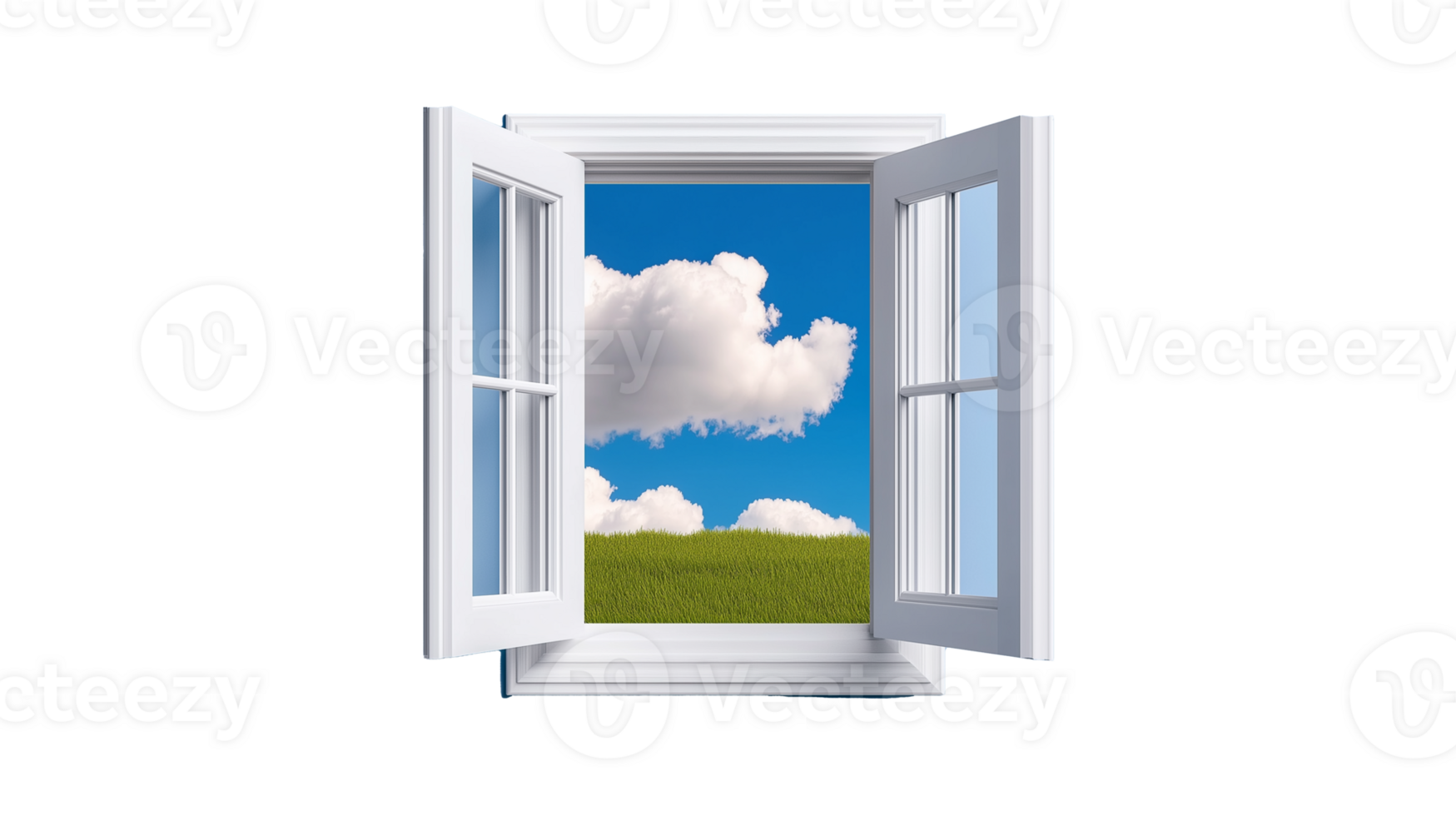 An open window showing a view of a green landscape and blue sky with clouds, isolated on a transparent background. Ideal for nature and architecture themes. png