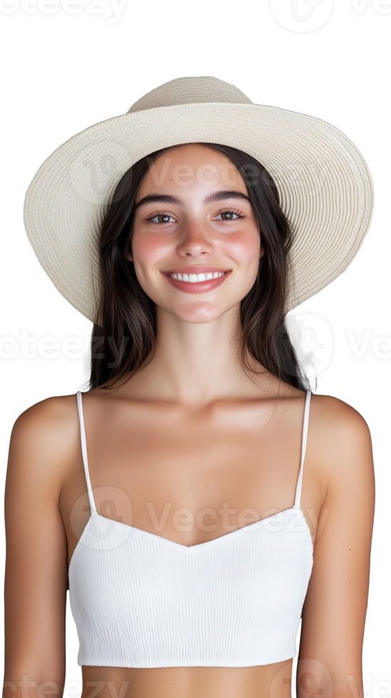 A smiling young woman with long hair wearing a white tank top and sunhat, isolated on a transparent background. Ideal for summer and casual fashion themes. png