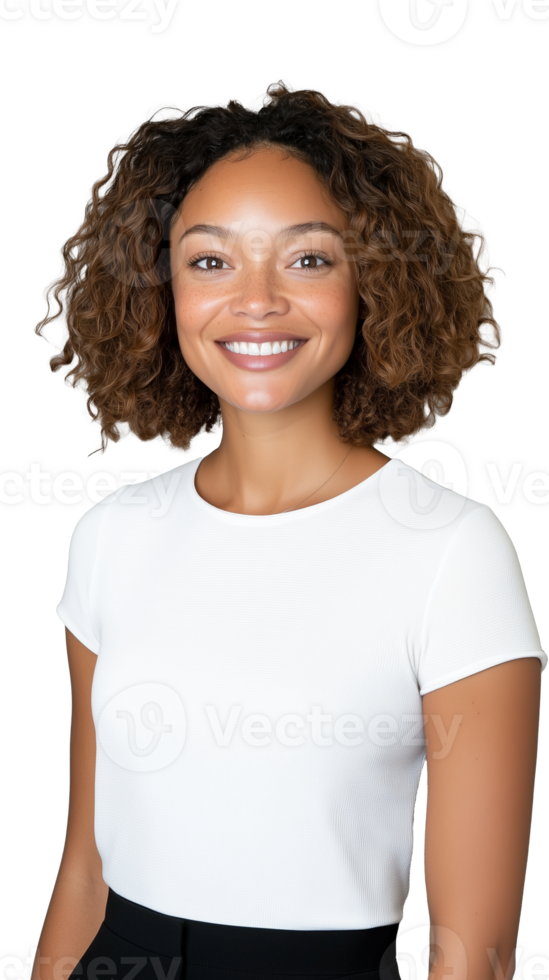 A cheerful woman with curly hair wearing a white t-shirt, smiling, isolated on a transparent background. Ideal for casual and lifestyle themes. png