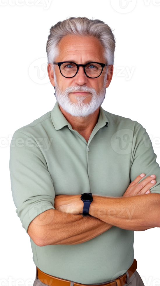 An older man with white hair and glasses, arms crossed, isolated on a transparent background. Ideal for business and professional themes. png