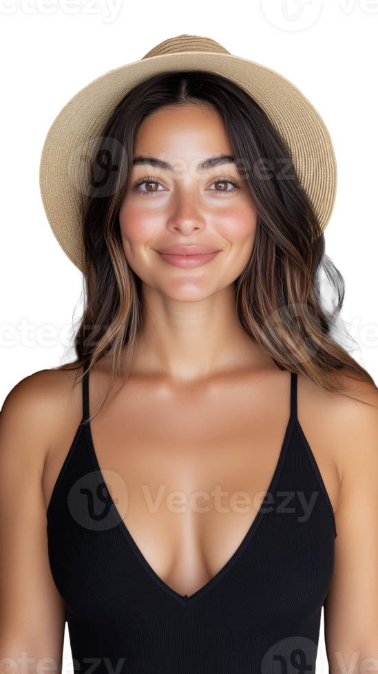 A smiling young woman with long hair wearing a black tank top and sunhat, isolated on a transparent background. Ideal for summer and fashion themes. png