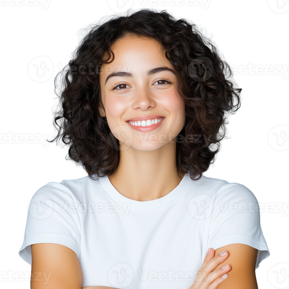 A smiling young woman with curly hair wearing a white t-shirt, isolated on a transparent background. Ideal for casual and lifestyle themes. png