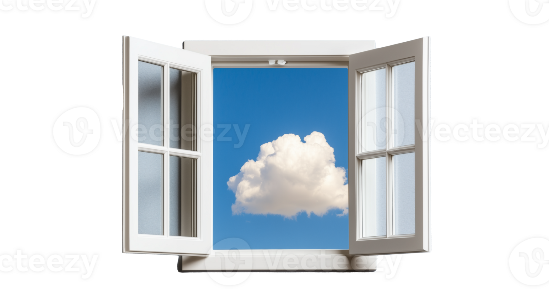 An open window with a view of a blue sky and fluffy cloud, isolated on a transparent background. Ideal for architecture and nature themes. png