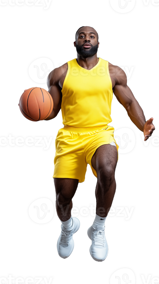 A muscular basketball player wearing a yellow jersey holding a basketball, isolated on a transparent background. Ideal for sports and fitness themes. png