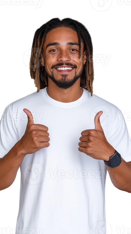 A smiling man with dreadlocks giving two thumbs up, wearing a white t-shirt, isolated on a transparent background. Ideal for positive and casual themes. png