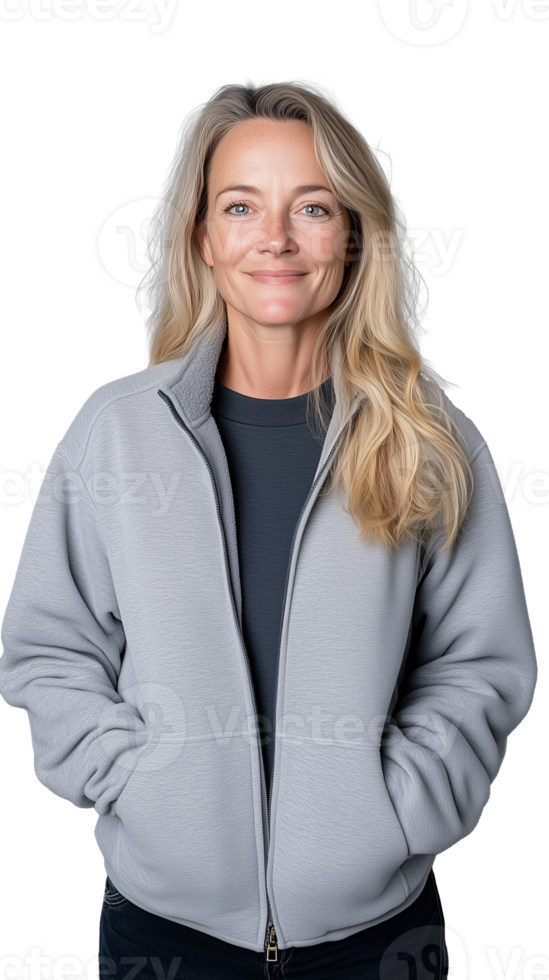 A confident middle-aged woman with blonde hair wearing a grey jacket, smiling, isolated on a transparent background. Perfect for casual and lifestyle projects. png