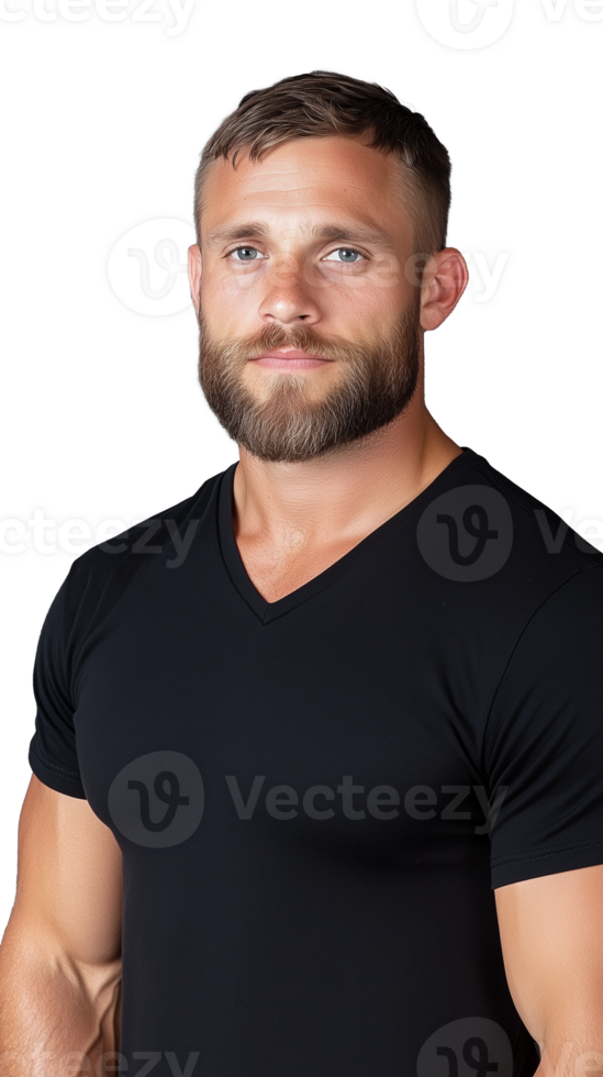 A muscular man in a black t-shirt posing confidently, isolated on a transparent background. Ideal for fitness and fashion themes. png