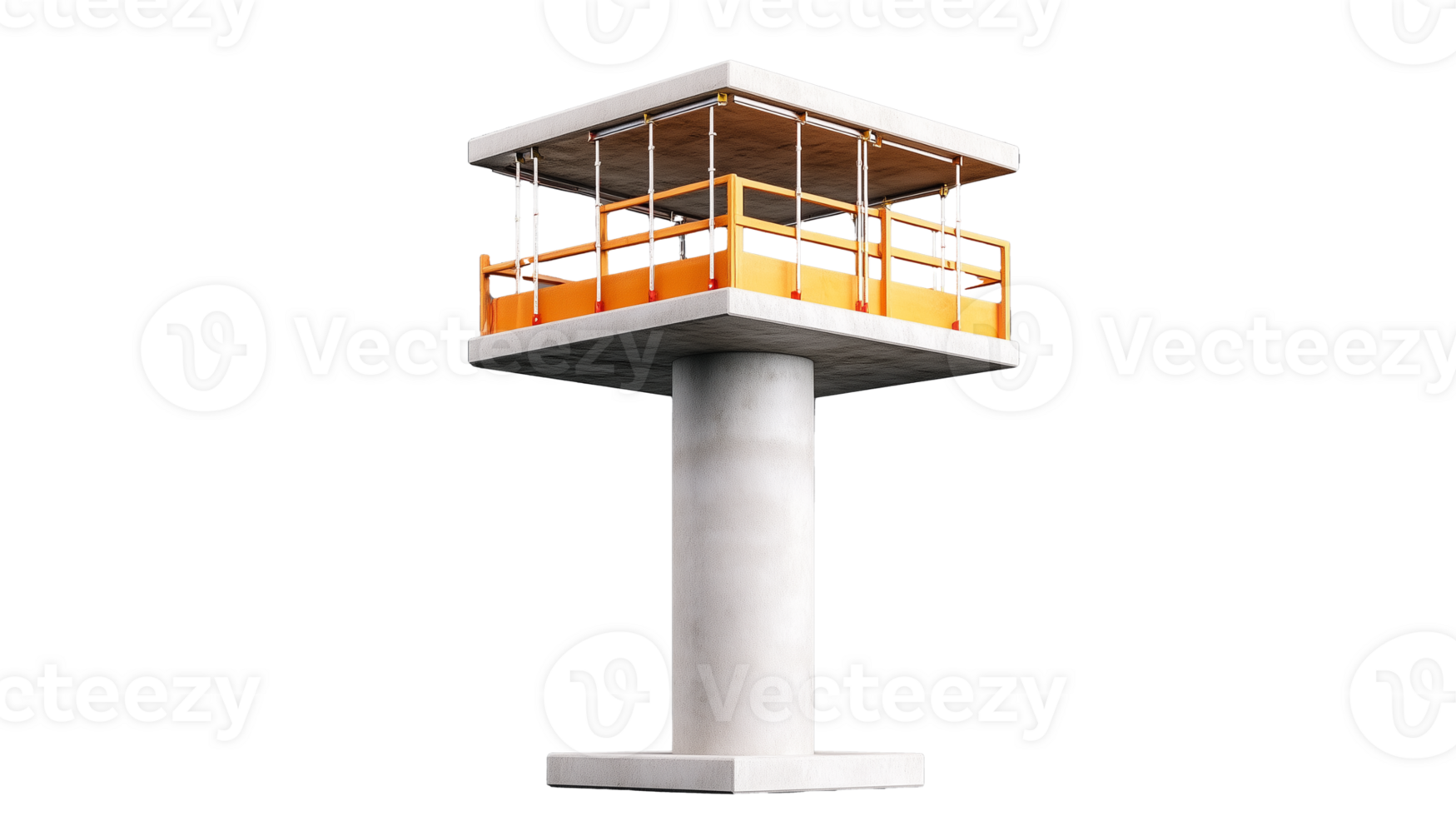 A modern watchtower structure with orange accents, isolated on a transparent background. Perfect for architecture and safety concepts. png