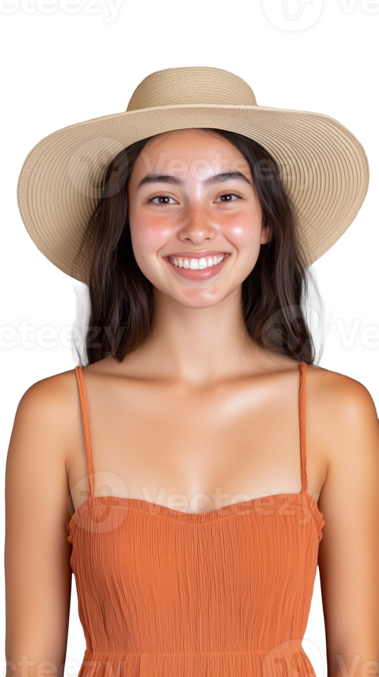 A smiling young woman with long hair wearing an orange dress and sunhat, isolated on a transparent background. Ideal for casual summer fashion themes. png