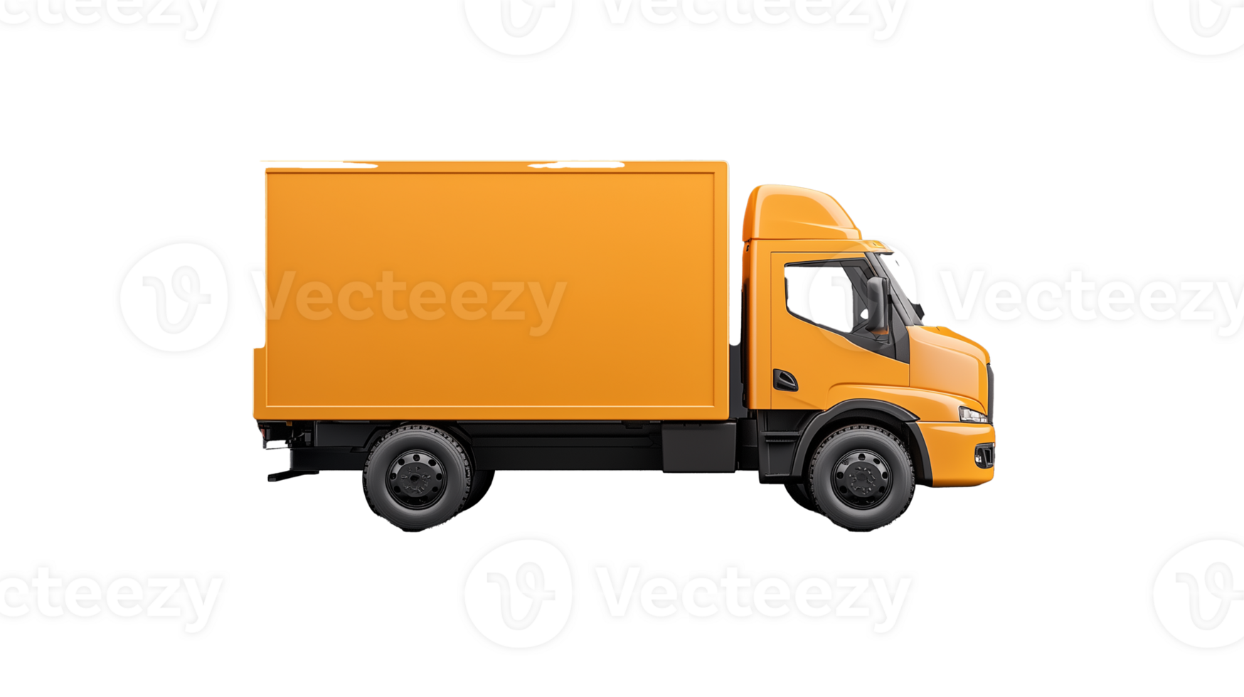 A side view of an orange delivery truck, isolated on a transparent background. Great for transportation and logistics projects. png