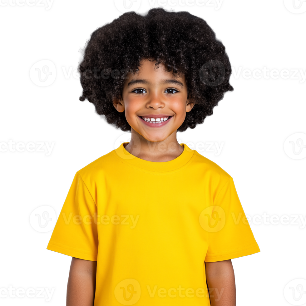 A cheerful boy with curly black hair wearing a yellow t-shirt, smiling, isolated on a transparent background. Perfect for youth and lifestyle projects. png