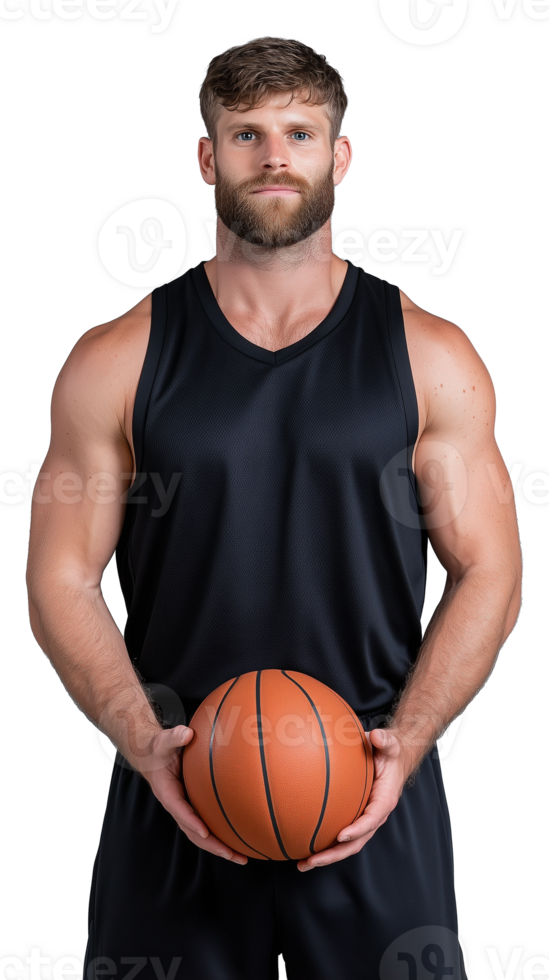 A muscular basketball player in a black sports jersey holding a basketball, isolated on a transparent background. Perfect for sports and fitness concepts. png