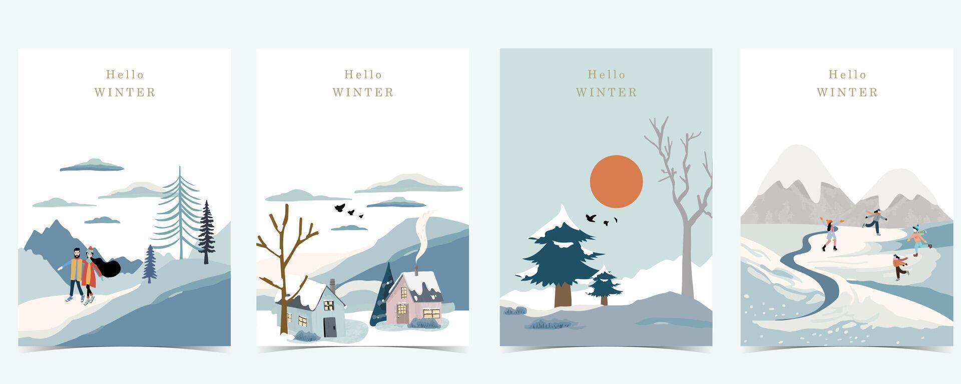 winter landscape background with mountain,tree,people for a4 vertical design vector