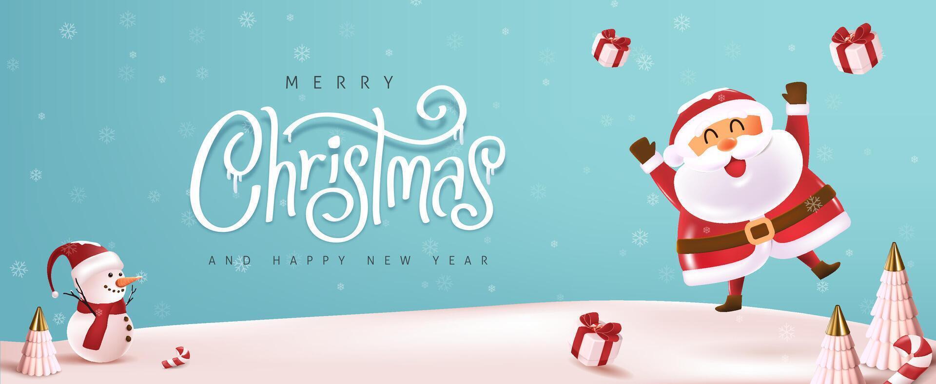 Merry christmas and happy new year greeting card with cute funny Santa Claus and Cute snowman standing in winter christmas landscape snow falling vector