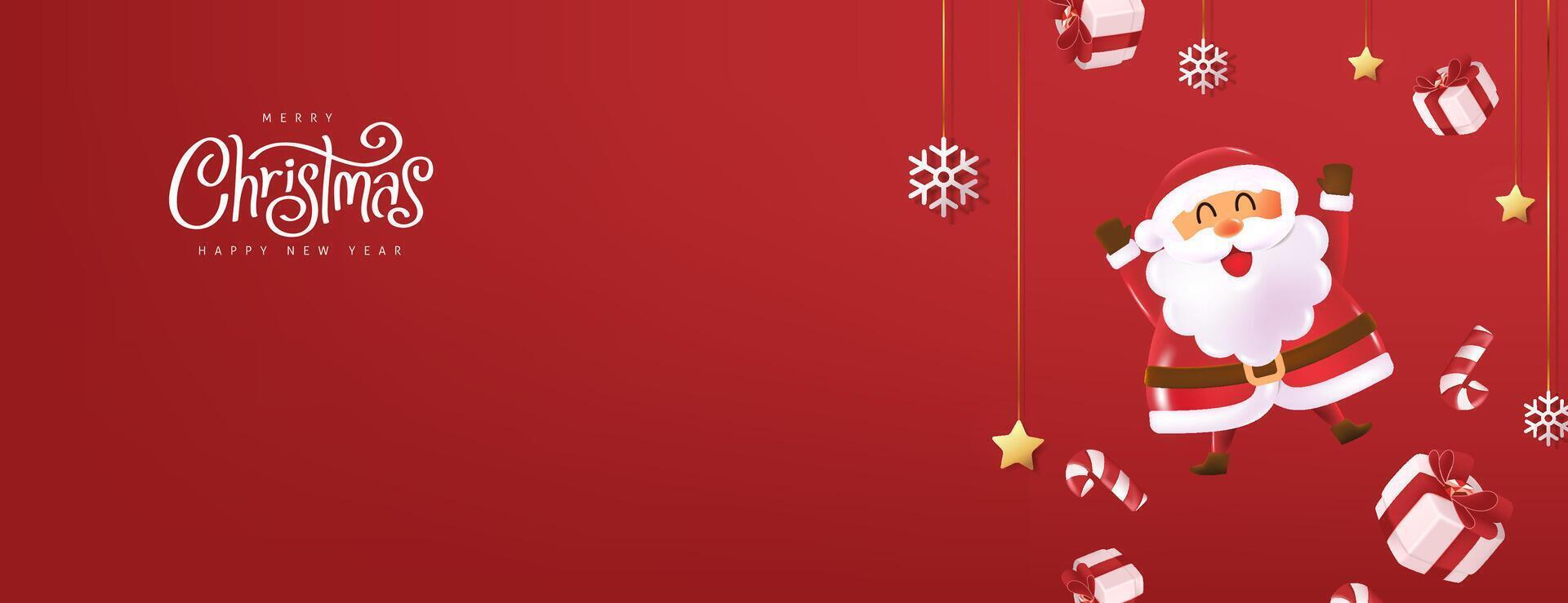Merry Christmas greeting card banner with cute funny Santa Claus characters in cartoon style and festive decoration for Christmas holiday vector