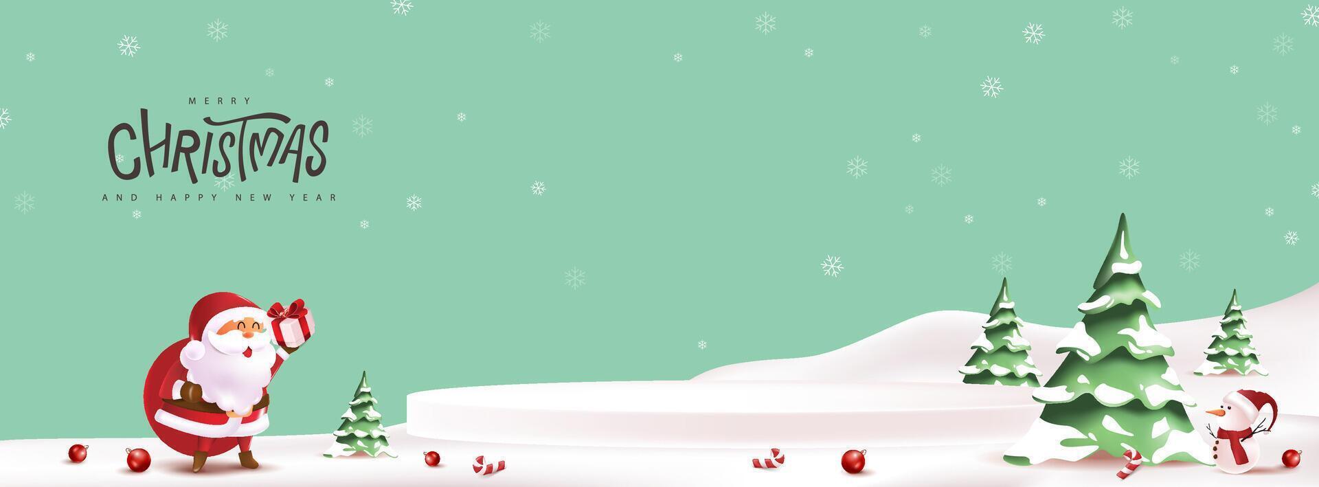 Merry christmas and happy new year greeting card with snow product display cylindrical shape copy-space and cute funny Santa Claus character in winter christmas landscape snow falling vector
