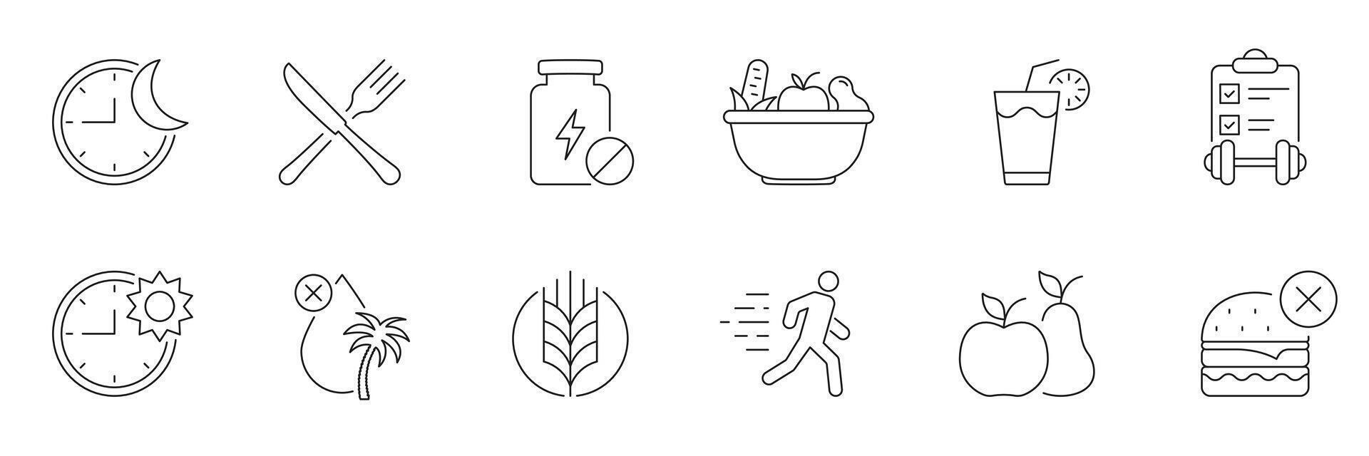 Nutrition and Wellness Line Icon Set for Diet and Fitness Planning. Healthy Habit, Exercise, and Weight Loss. Editable Stroke. Isolated Illustration vector
