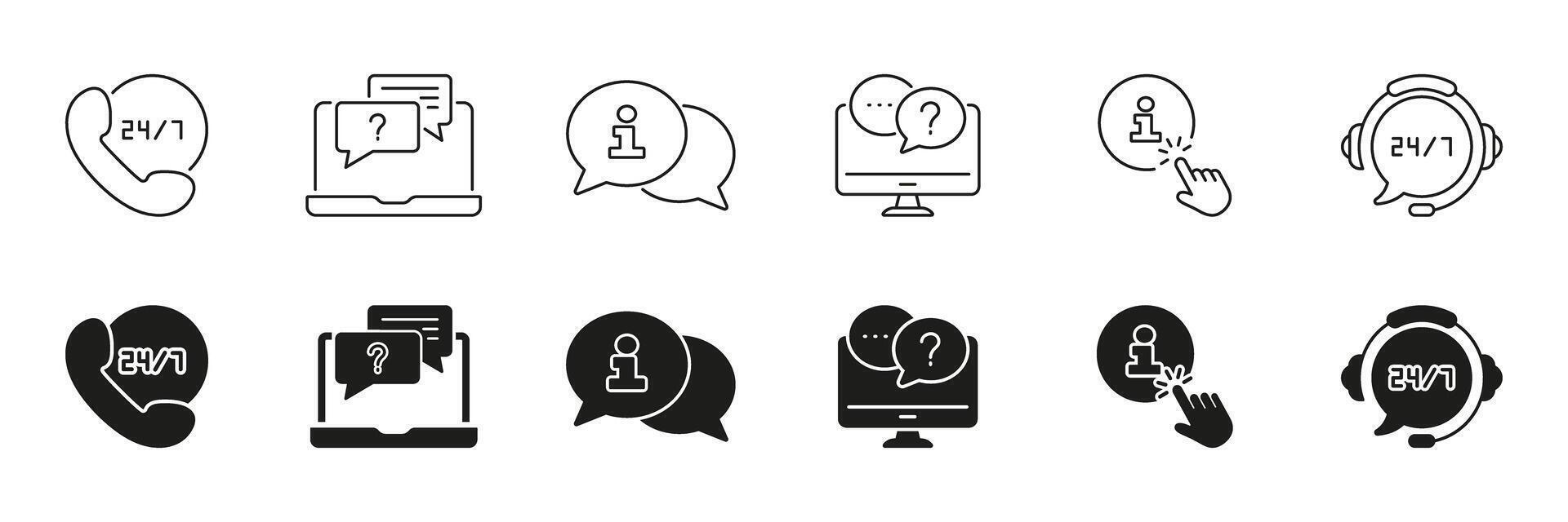 24-7 Available Support and Information Services Line and Silhouette Icon Set. Customer Support and Assistance Outline Symbol Collection. Editable Stroke. Isolated Illustration vector