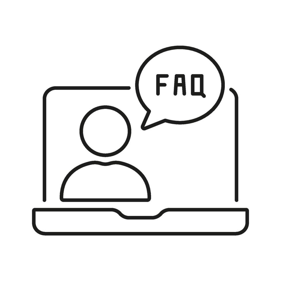 Virtual Assistant Outline Symbol. Person on Laptop with FAQ Chat Bubble Line Icon. Online Customer Support Sign. Editable Stroke. Isolated Illustration vector