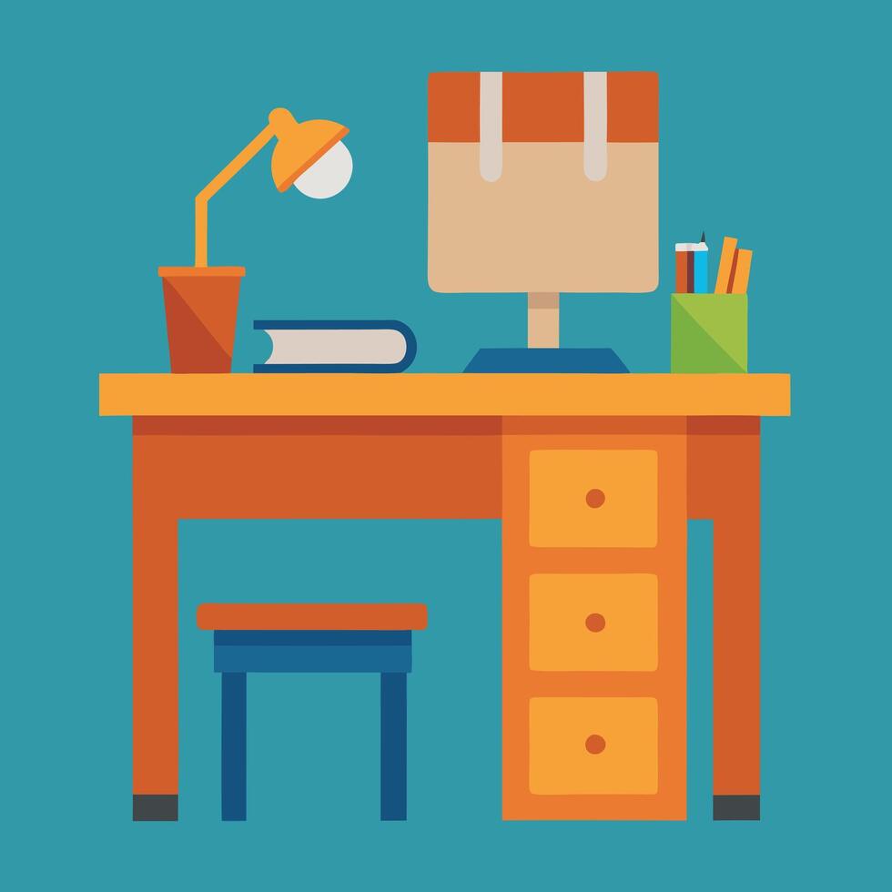 illustration of a desk with a lamp and a chair vector