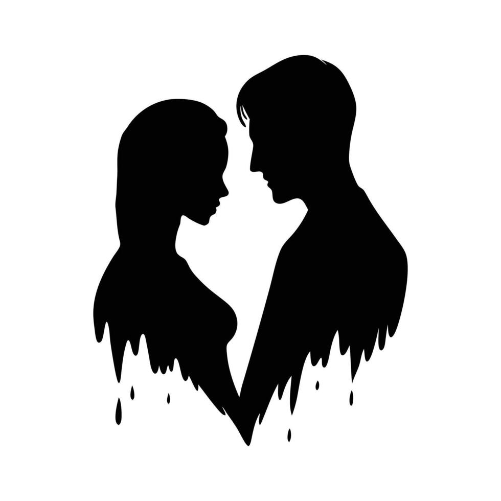 silhouette of a man and woman in front of a dripping heart vector
