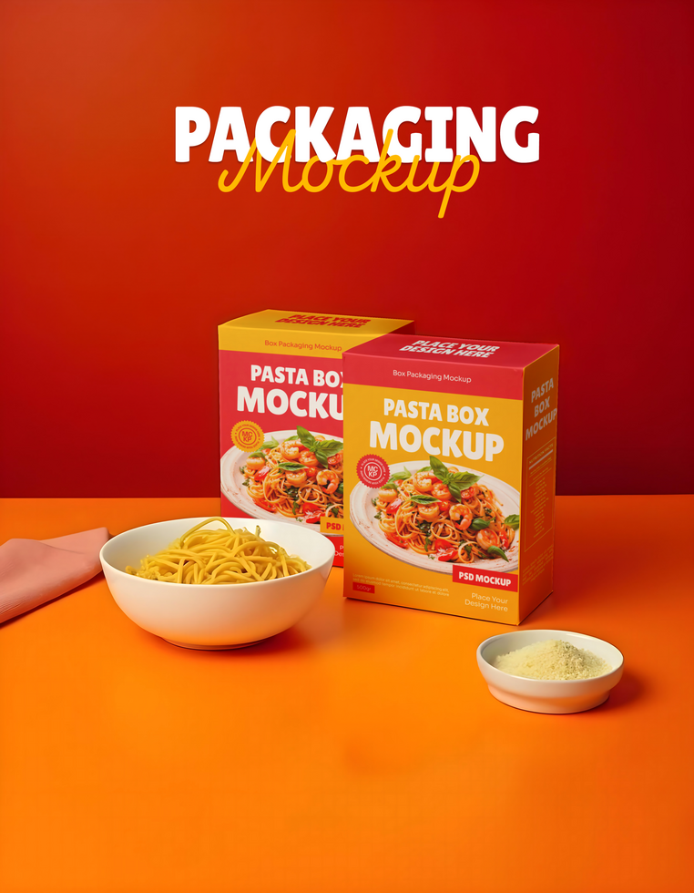 pasta box packaging mockup with red background psd