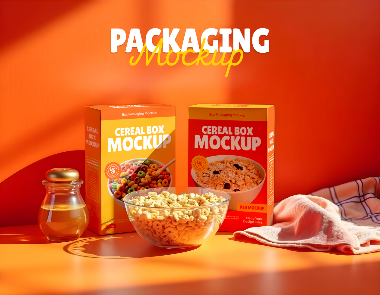 Cereal box packaging mockup with red background psd
