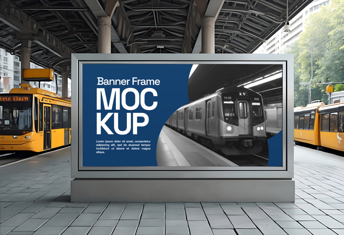 mockup of a banner frame in a train station public area psd