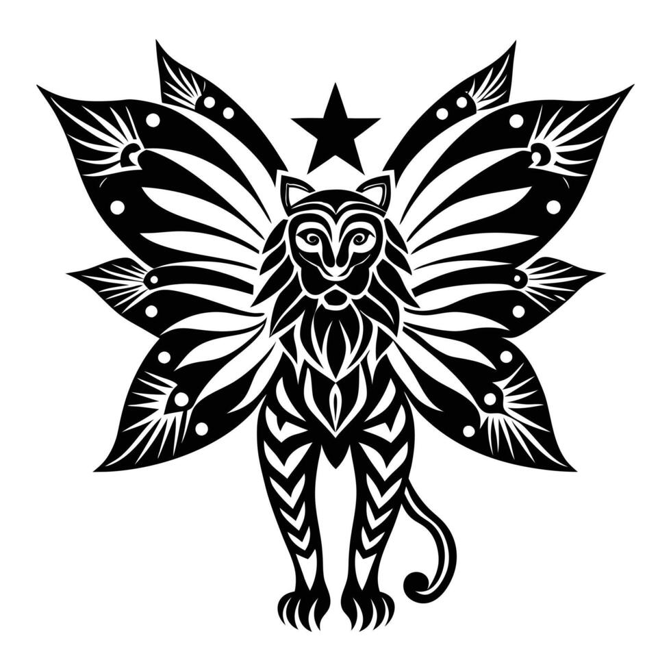 a black and white tattoo style lion with wings vector