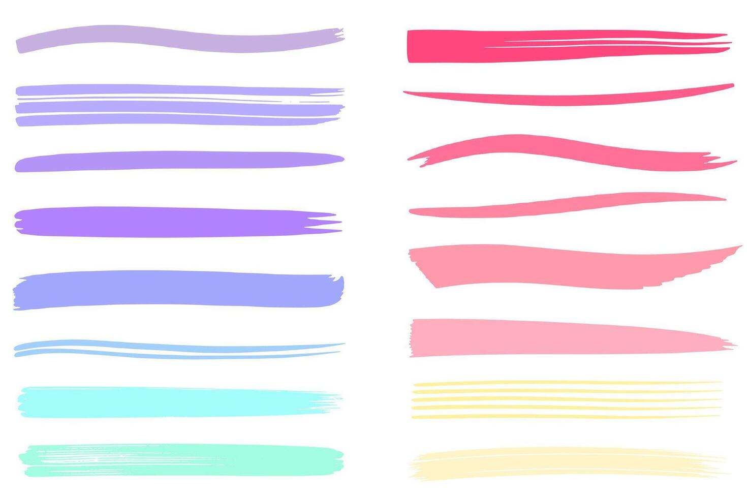 Colorful brush strokes set. Hand drawn brush strokes blue purple pink yellow colors. vector