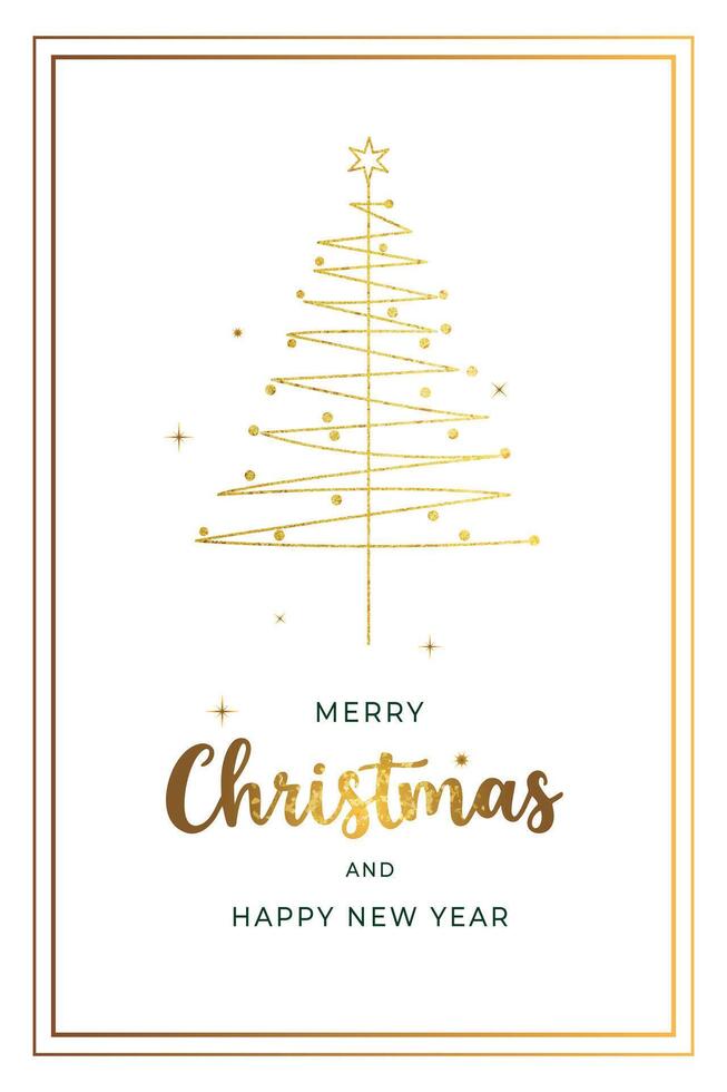 Christmas card with golden christmas tree and lettering. Minimalistic xmas card. vector