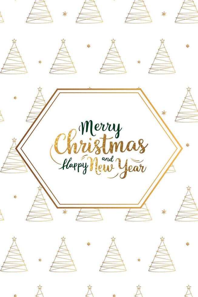 Christmas card with golden christmas lettering and tree . Minimalistic xmas greeting card. vector