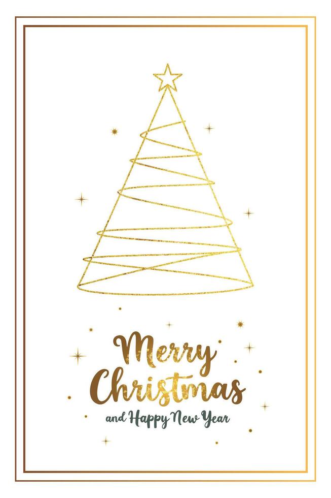 Christmas card golden christmas tree and lettering. Minimalistic xmas greeting card. vector