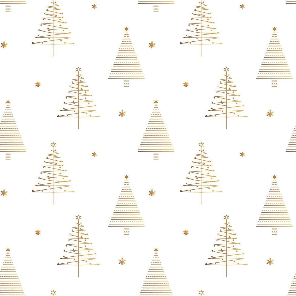 Gold christmas tree seamless pattern. Simple minimalistic pattern with holiday trees and snowflakes. Christmas background vector