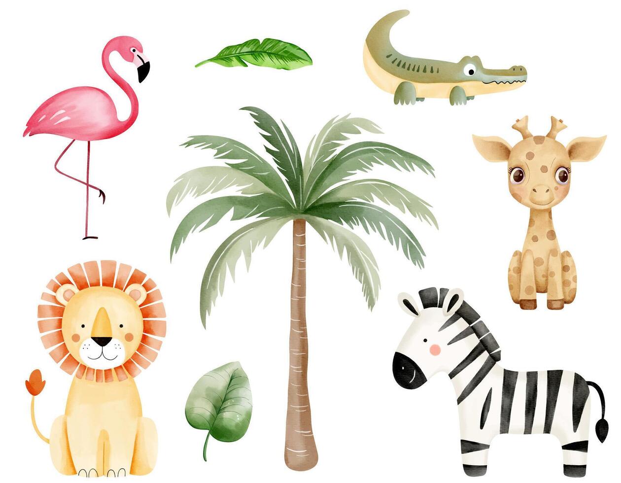 Watercolor jungle animals and palm tree. Wild african zebra, giraffe, lion, flamingo. Hand drawn safari set. vector
