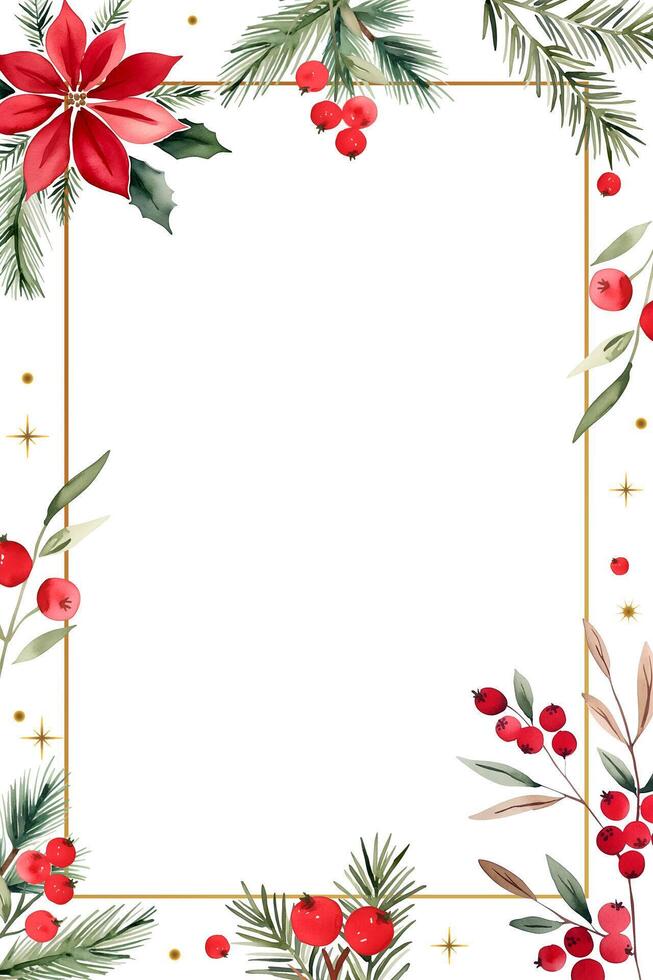 Christmas frame with watercolor fir branches, christmas flower, place for text. Xmas botanical card. vector