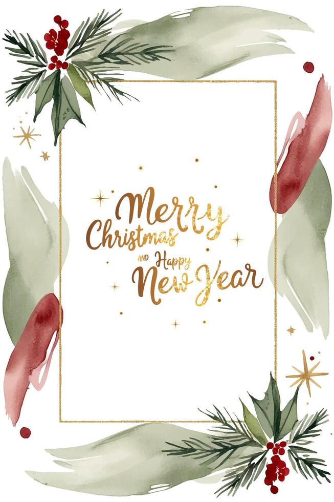 Christmas card with fir branches, watercolor splashes and golden text. Xmas frame. Pastel winter background vector