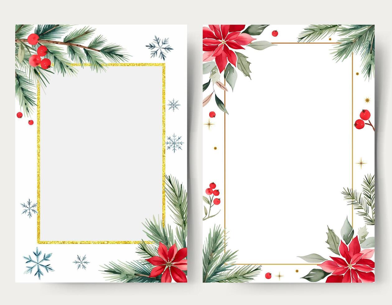 New year frames. Watercolor blank christmas cards with plants, flowers and snowflakes. Fir branches, berries. vector
