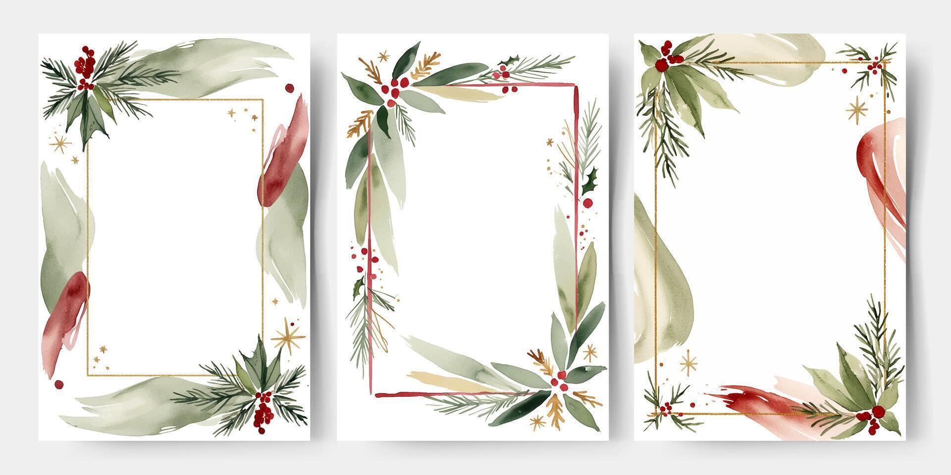 Set of watercolor frames with fir branches, berries and blank place. Christmas cards. Winter backgrounds vector