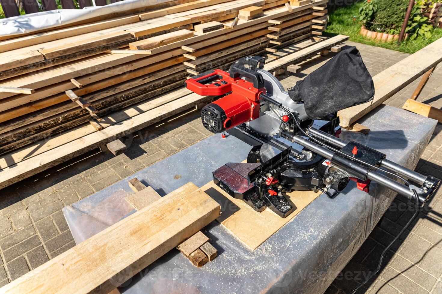 Close-up of a wooden frame for a new construction project. The frame rests on a concrete foundation. Construction of a wooden frame house. photo