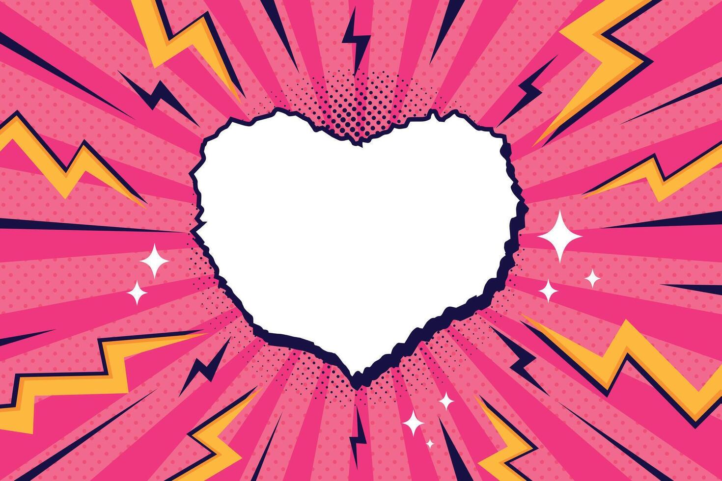 Bright pop art comic cover with zigzag thunder lightnings, rays and dots. Retro style dynamic background with empty torn paper heart shape for text vector