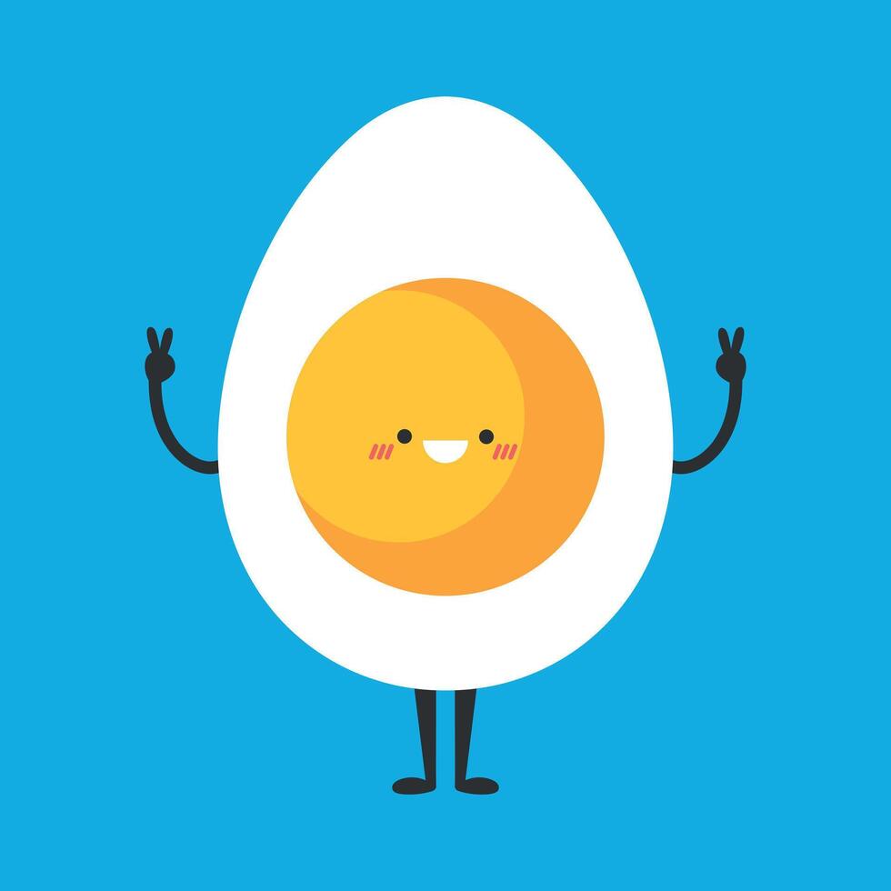 Cute cartoon egg character showing peace sign gesture. Funny egg mascot vector