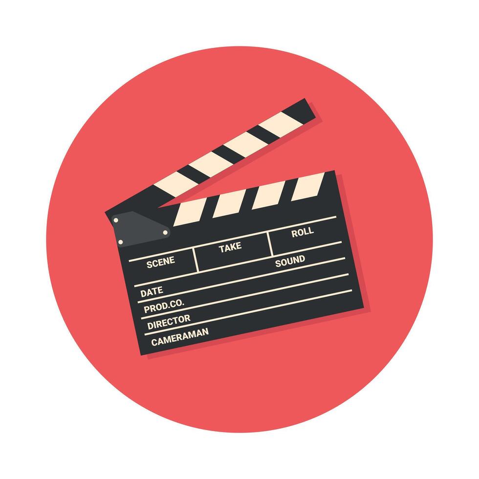 Clapper board, film slate retro round icon. Filmmaking equipment emblem. Cinema symbol vector