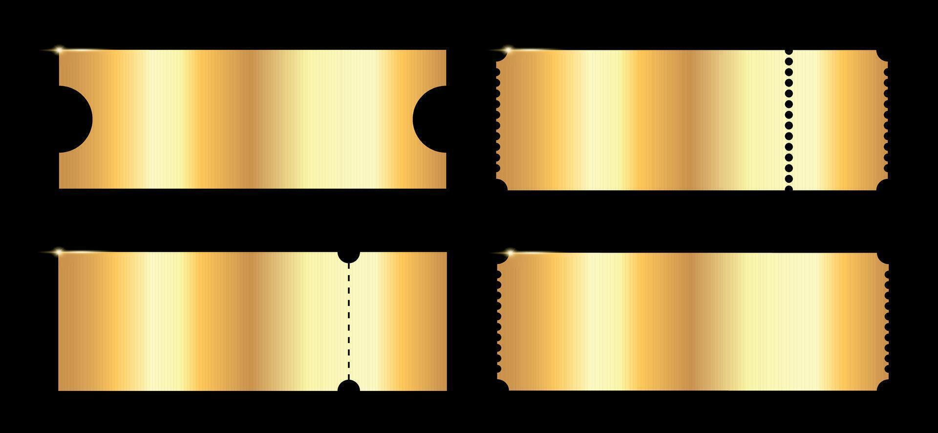 Blank golden ticket, pass or coupon templates set on dark background. For festival, cinema, theater, party, casino, circus, event invitation vector