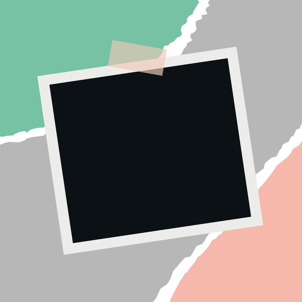 Photographic print taped with sticky tape on cut and torn paper background. Blank instant photo vector