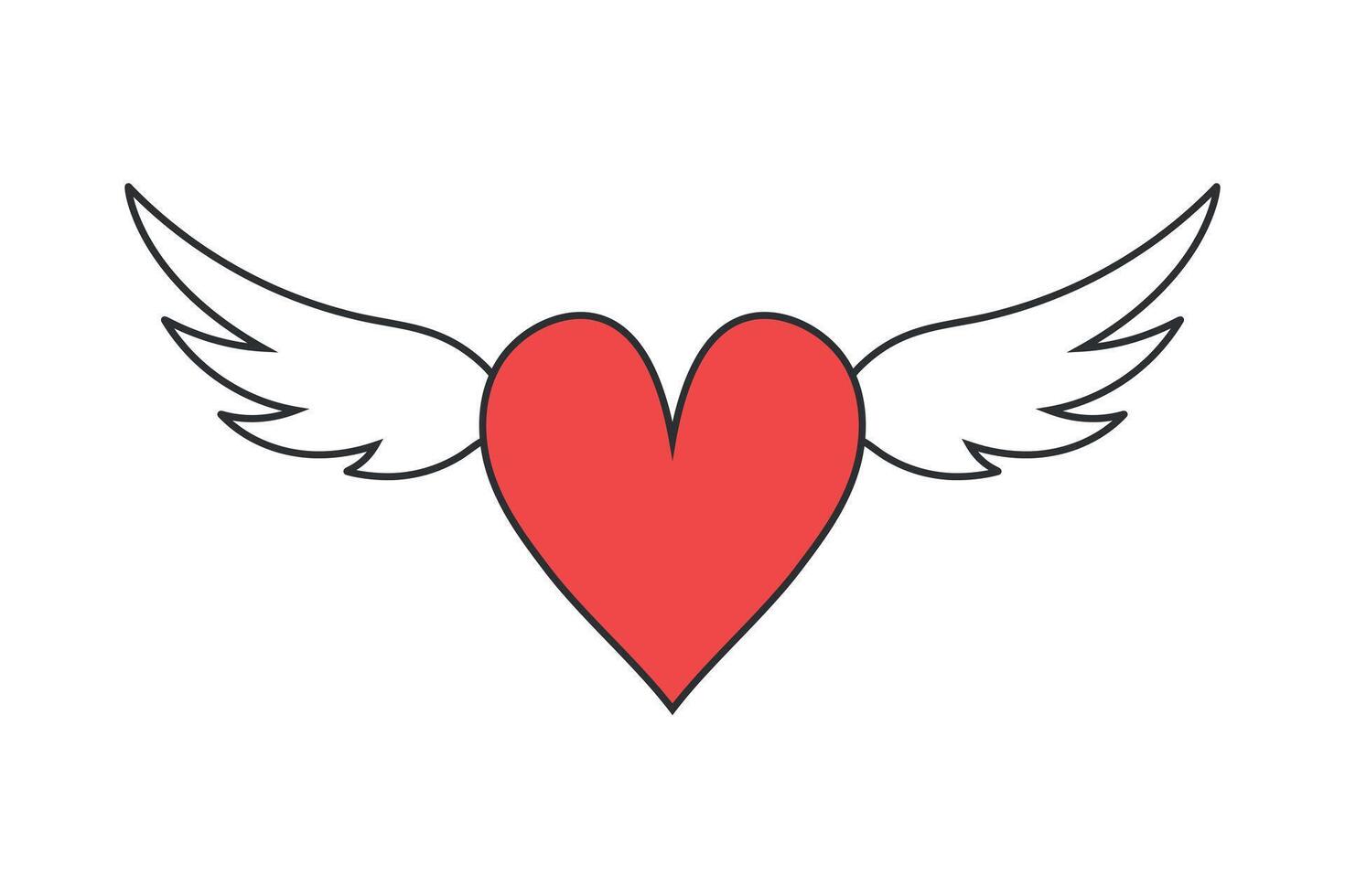 Red heart with white wings line icon emblem isolated on white background. Angel heart vector