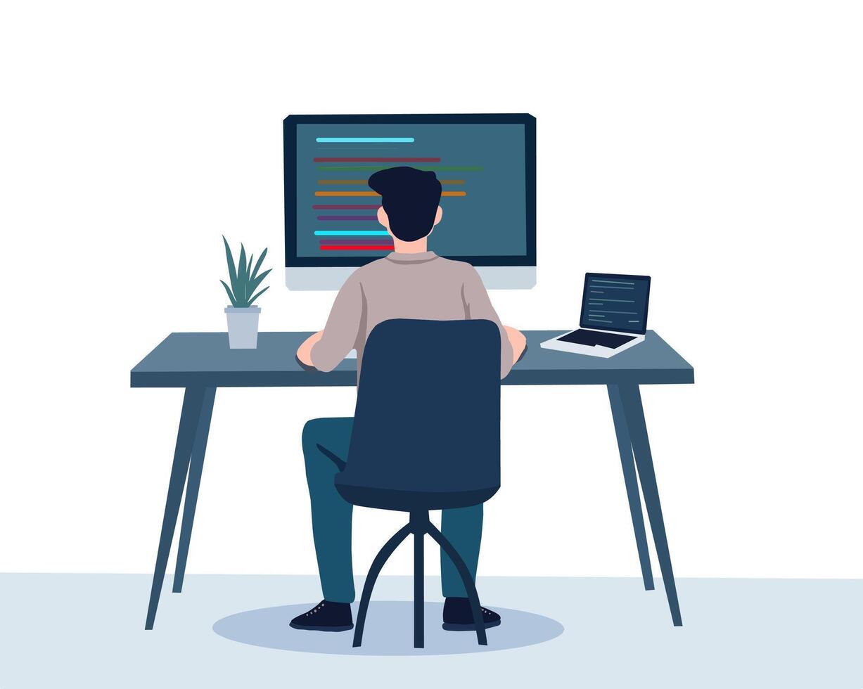 a person sitting at a desk with a computer screen vector