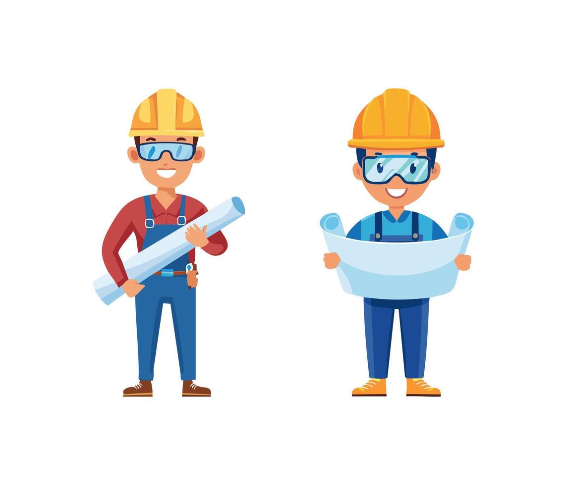 A character with safety goggles and a blueprint vector
